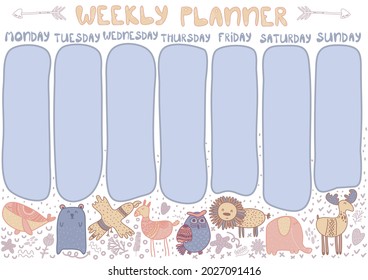 Childish weekly planner with scandinavian animals in doodle cartoon style. Kids schedule design template. Vector illustration.