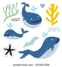 Childish whales, underwater animal background with cartoon characters isolated on white background. Perfect set for scrapbooking, baby shower, childish poster, tag, sticker kit. Vector illustration.