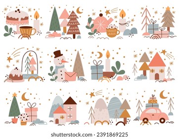 Festividades infantiles de invierno Los elementos Feliz Navidad y Feliz Año Nuevo ilustran el vector. Composición divertida y agradable con adornos decorativos de bienvenida. Viajes de vacaciones, celebración en invierno