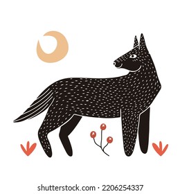 Childischer Wolf und Mond, handgezeichnet in Lokut oder Holzschnitt, strukturierte Silhouettengrafik, einzeln auf weißem Hintergrund