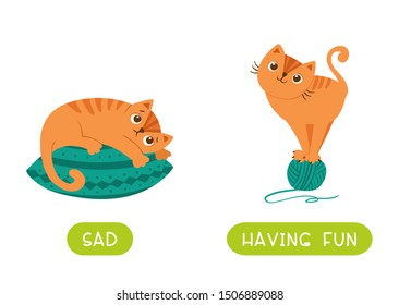 Childish word card with antonyms vector template. Mood concept, sad and having fun. Flashcard for foreign language learning. Cat lying on pillow and playful kitten flat illustration with typography