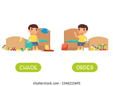 Childish word card for English learning vector template. Flashcard with antonyms. Opposites concept, chaos and order. Little boy in tidy and messy bedroom flat illustration with typography