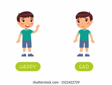 Childish Word Card With Opposites Vector Template. Flash Card For Foreign Language With Little Child. Mood Concept, Happy And Sad. Smiling And Unhappy Boy Flat Illustration With Typography