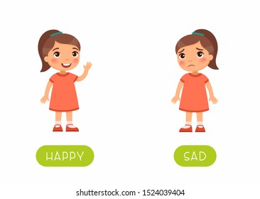 Childish word card with opposites vector template. Flash card for foreign language with little child. Mood concept, happy and sad. Smiling and unhappy little girl flat illustration with typography