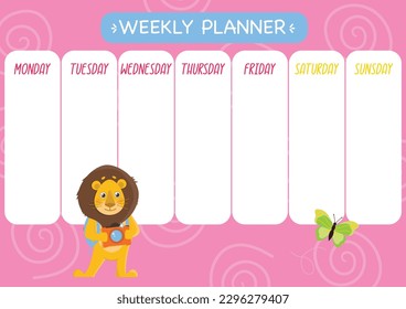 Childishly cute week planner. Horizontal. With a cute lion with a camera and a butterfly.
