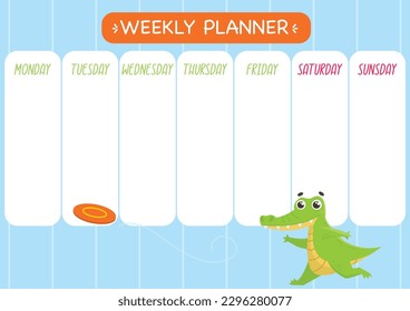 Childishly cute week planner. Horizontal. With cute crocodile and frisbee.