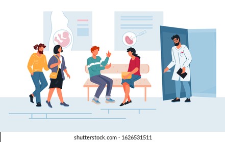 Childless couples plan in queue to reproductive center or clinic doctor, flat vector illustration isolated. Medical family consultation on child birthing, in vitro fertilization and infertility.