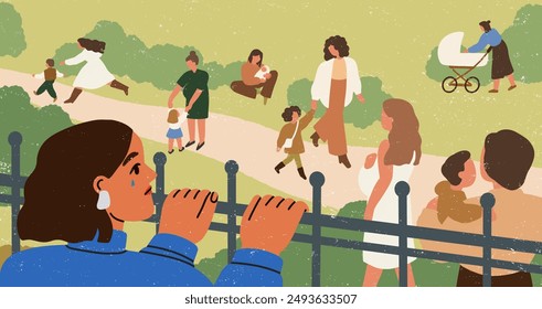 Childless woman watching mothers walking with children. Lonely upset female looking, seeing moms and kids, babies. Dreaming of motherhood, feeling sad. Infertility concept. Flat vector illustration