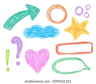 Childlike abstract set with arrows, speech bubble and star in crayon drawn style