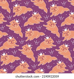 Childlike Animal Pattern. Fluffy Princess Cat, Crown On Lilac Background. Seamless Fabric Print With Hand-drawn Pet For Baby Girl. Adorable Redhead Kitty For Nursery Wallpaper Texture, Infant Textile.