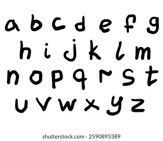 Childlike black english latin abc alphabet lower case font handwritten A to Z collection. Vector illustration in doodle style isolated on white background. For kids book, typography, logo, card, menu.