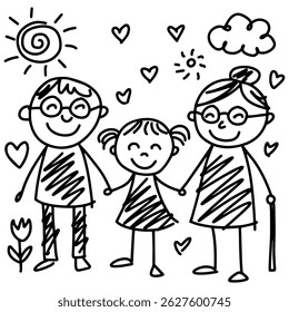 Childlike black and white doodle of a happy family: mother, father, and daughter holding hands, surrounded by sun, clouds, hearts, flowers, and love symbols