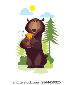 Child-like cartoon bear with honey pot, bees in green forest. Whimsical vector illustration for nature-themed designs, kids' projects, and more. White background