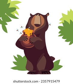 Child-like cartoon bear with honey pot, bees in green forest. Whimsical vector illustration for nature-themed designs, kids' projects, and more. White background