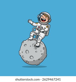 Childlike cartoon drawing of an astronaut resting on the moon and holding a fun, futuristic satellite model.