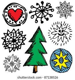 childlike Christmas doodles, scribble design elements