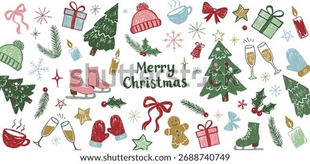 Childlike christmas doodles. Simple winter chalk set with ornaments, snowflake, christmas tree, bow. Playful hand drawn style