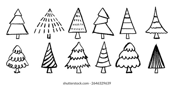 Árvore de Natal infantil definido em estilo de quadro-negro de cera. Arte do jardim de infância com texturas de carvões pastel preto e rabisco. Coleção de ícones de escola divertida para crianças e temas de férias. Ilustrações vetoriais