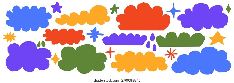Collage infantil con nubes vibrantes y gotas de lluvia dibujadas a mano. Los contornos pintados en bruto crean un divertido patrón inspirado en el Clima. Ideal para lindos proyectos de papelería para niños