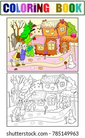 Childlike color vector story scene with pair of children eating some sweets near colorful cottage in deep forest. Black and white line