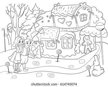 Childlike coloring vector story scene with pair of children eating some sweets near colorful cottage in deep forest. Zentangle style. Black and white line