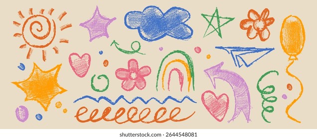 Childlike crayon doodle collection with colorful hand drawn elements in playful scribble style. Whimsical shape designs for kids nursery decor. Fun sketchy illustrations with vibrant chalk texture.