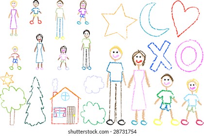 Childlike Crayon Drawing of Family and Home