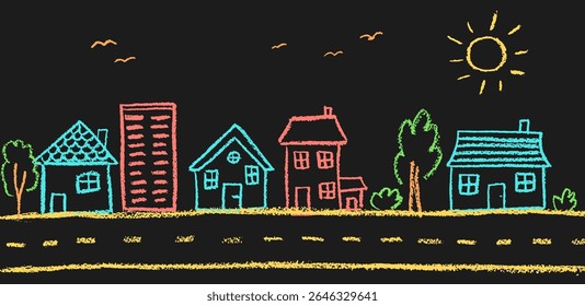 Childlike crayon drawing with wax or charcoal squiggles, showing a garden cityscape with homes, transport road, trees, sun. Ideal for baby books, kids art, or kindergarten decor. Vector illustration