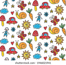 Childlike cute naive drawings seamless vector pattern