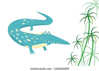 childlike digital illustration of a funny crocodile augmented with gradient cyperus leaves.