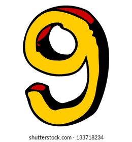 childlike doodle ABC, hand drawn number 9