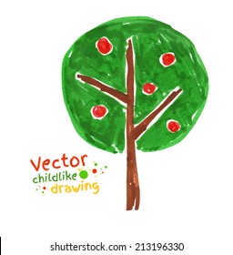 Childlike drawing of apple tree. Vector illustration. Isolated.