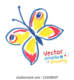 Childlike drawing of butterfly. Vector illustration. Isolated.