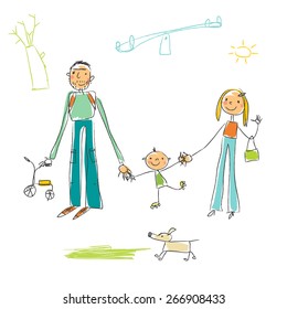 Childlike drawing with family playing, having fun in the park, outdoors. Vector doodle style sketchy drawing.
