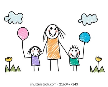 Childlike drawing illustration of mother holding hand son and daughter.