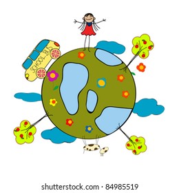 Childlike drawing with little girl, school bus and globe over white background