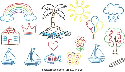 Dibujo infantil de Naturaleza y Objetos en ilustración de estilo de crayón