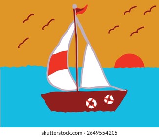 A child-like drawing of a sailboat with red and white sails on blue water, against an orange sunset sky with a red sun and black birds.