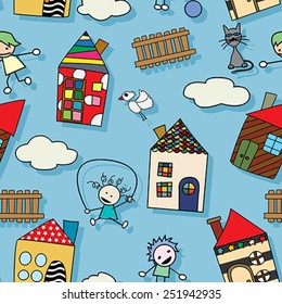 Childlike drawing seamless pattern with houses kids and animals
