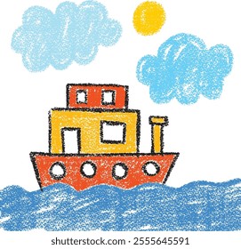 Childlike Drawing of a Small and Cute Boat on the Blue Sea