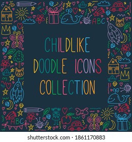 Childlike drawings icons creative square frame design