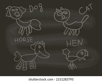 Childlike funny doodle vector design. Dog, cat, hen and horse with scribbles. Chalk drawn set on blackboard