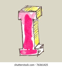 childlike gouache alphabet, hand drawn letter I