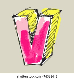 childlike gouache alphabet, hand drawn letter V