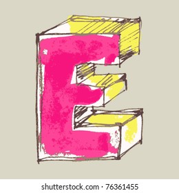 childlike gouache alphabet, hand drawn letter E