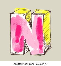 childlike gouache alphabet, hand drawn letter N