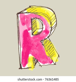 childlike gouache alphabet, hand drawn letter R