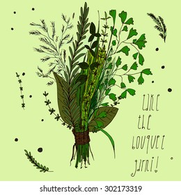 Childlike hand drawn image of a garnished bouquet (a bunch of spices and herds) isolated on green background, augmented with inscription. Cuisine theme, illustration for recipes and so on.