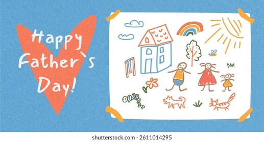 Childlike hand-drawn family portrait with house, sun, rainbow, animals, plants. Happy Father's Day text on heart. Flat vector illustration for greeting, banner, postcard, print design.