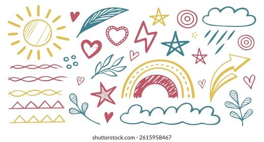 Childlike Heart and Bolt Doodles in Crayon Texture


